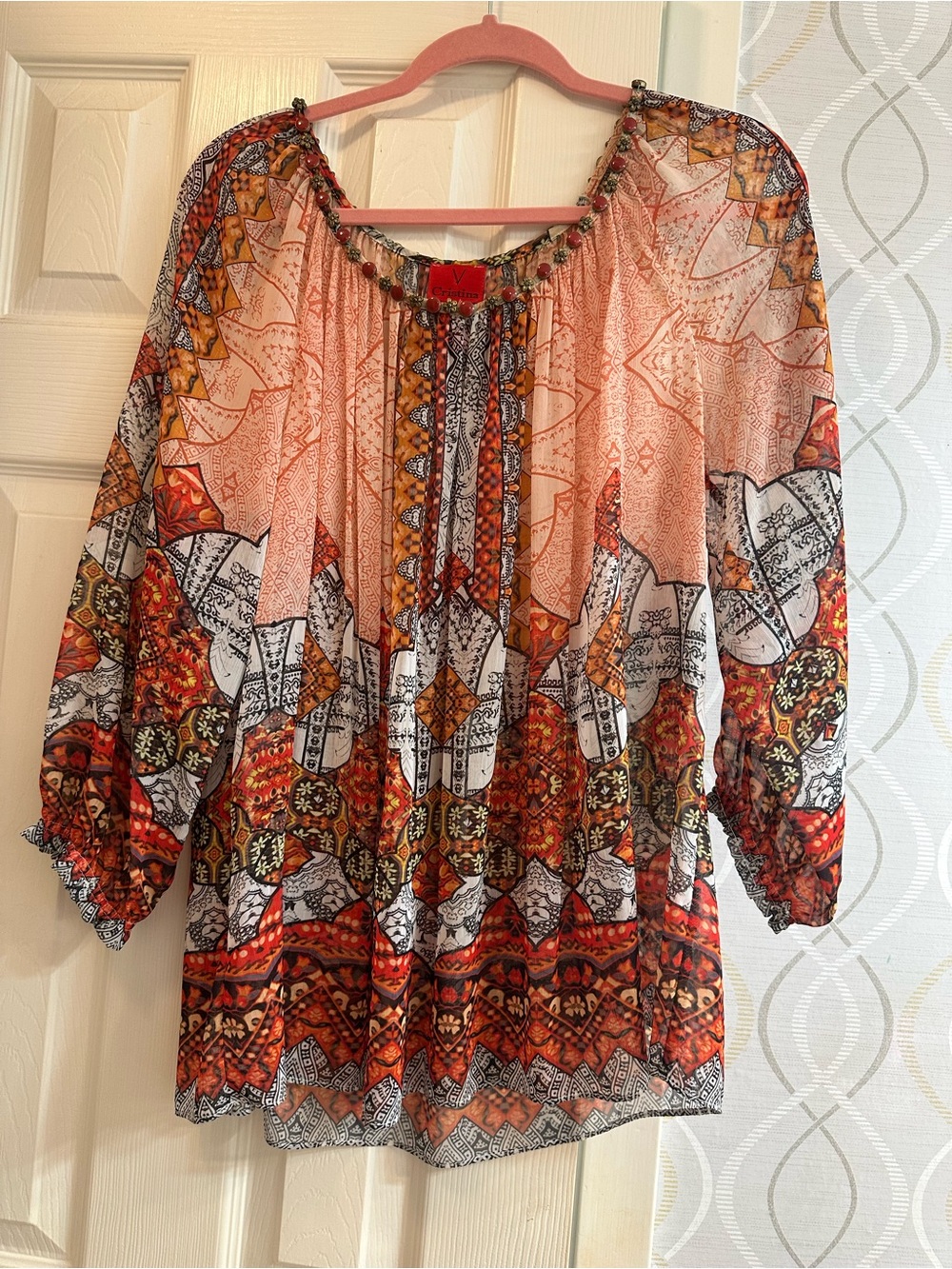 Boho Peasant Blouse - Red Orange Patterned Women's Top